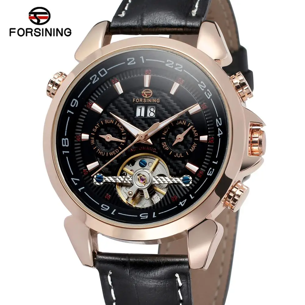 

Forsining 2019 Rose Golden Tourbillon Mechanical Watches Classic Automatic Skeleton Date Genuine Leather Male Clock Reloj Hombre