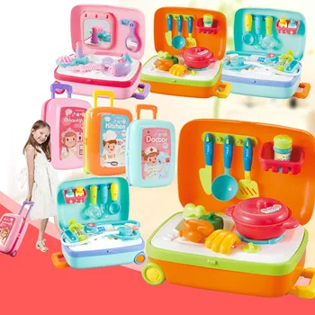 

13 PCS Children's Role Playing Home Toys Kitchen set toys Mini-pull-rod box Travel Doctor Character Toys