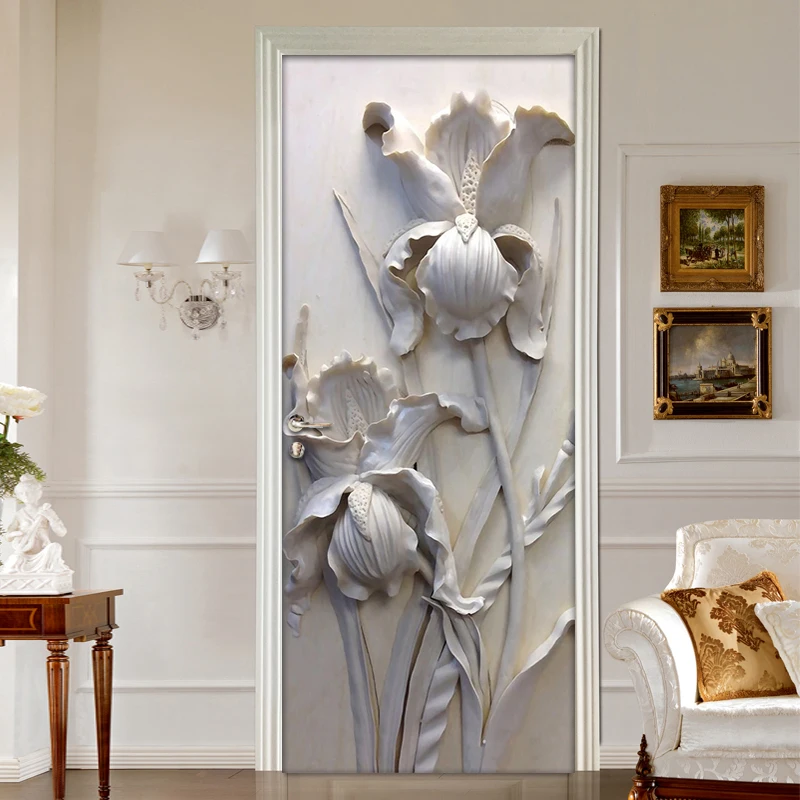 Самоклеящаяся Съемная наклейка на дверь, настенные наклейки, 3D стереоскопические Серые цветы, ПВХ водостойкая дверная Фреска, художественные виниловые обои в рулоне