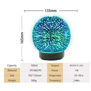 

Essential Oil Diffuser Aromatherapy Diffusers for Therapeutic Oils - Ultrasonic 3D Glass Vase Cover & LED Light Display