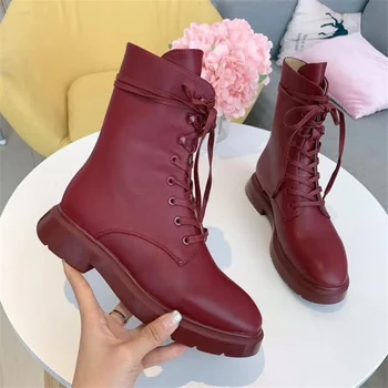 

Wine Red Women Ankle Boots Genuine Leather Lace Up Martin Boots Round Toe Flats Short Boots Runway Motorcycle boot Winter Boots