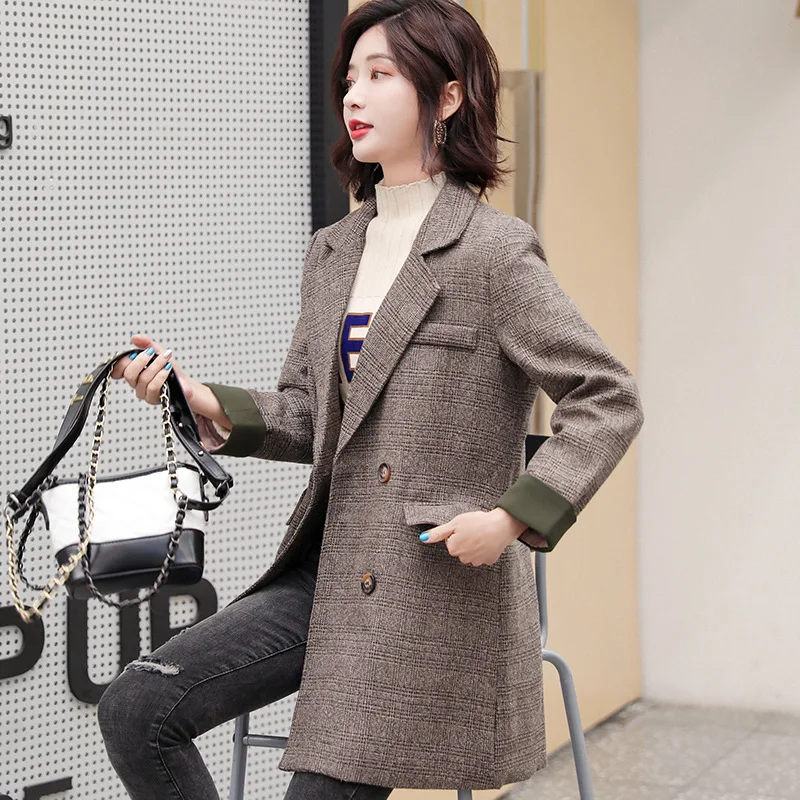 

2019 New Style Korean-style Suit Retro Casual Mid-length Plaid Slimming Small Suit Coat