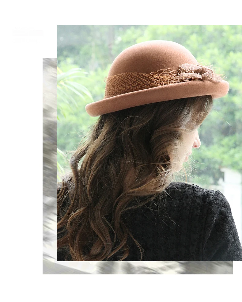 FS винтажная Женская шерстяная фетровая шляпа-Клош, одноцветная фетровая шляпа с цветочным принтом, розовая красная теплая зимняя женская шляпа-котелок, 6 цветов