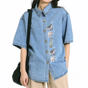 

2020 Fashion Women Blouses Jeans Plus Size Retro Short Sleeve Jacket Loose Street Zoo Embroider Denim Shirt Female Denim Blouse