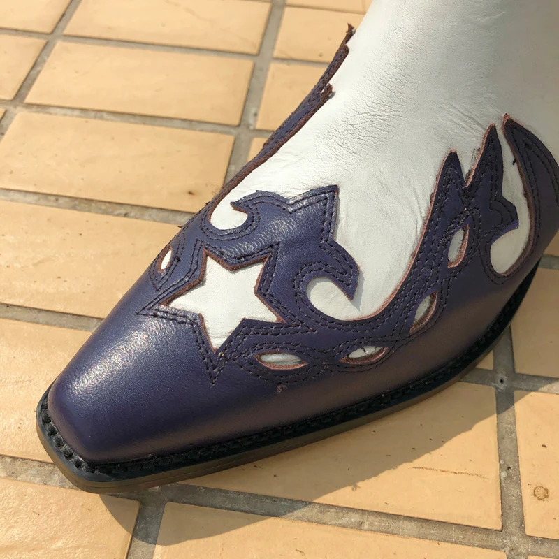 VIISENANTIN Retro Leather Lady Cowboy Boots Chunky Heel Color Match Embroidery Stars Decor Fashion Boot High-end Quality