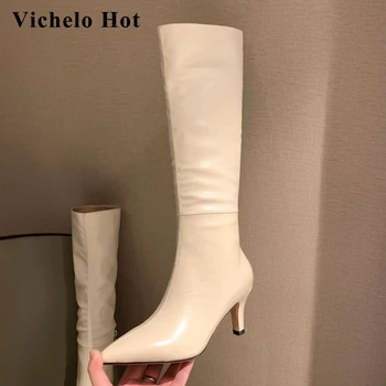 

Vichelo Hot new high street fashion genuine leather korean girls pointed toe thin high heel zip elegant lady knee-high boots L15