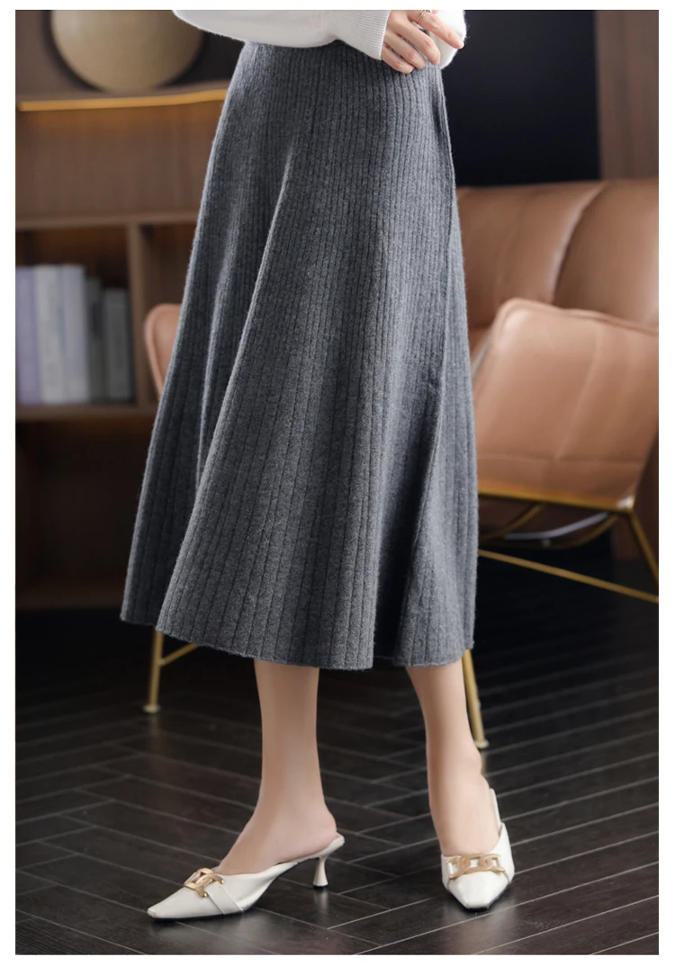 2021 Autumn New High-Waist 100%Pure Wool Pleated Long Skirt Women's Knit Base Skirt Fashion Pack Hip A-Line Cashmere Large Skirt purple skirt