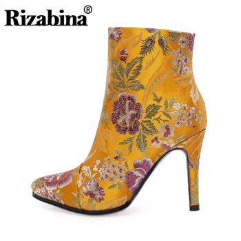 

RIZABINA Ethnic Style Women Ankle Boots High Quality High Heels Shoes Zipper Pointed Toe Winter Women Footwear Size 34-43