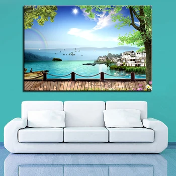 

Canvas HD Prints Poster Living Room Decor Frame 1 Piece/Pcs Lake Water Rainbow Ferry Landscape Painting Wall Art Summer Pictures