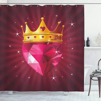 

Diamond Shower Curtain, Crystal Love Heart Diamond Wearing Crown Princess Queen on Radial Background, Cloth Fabric Bathroom