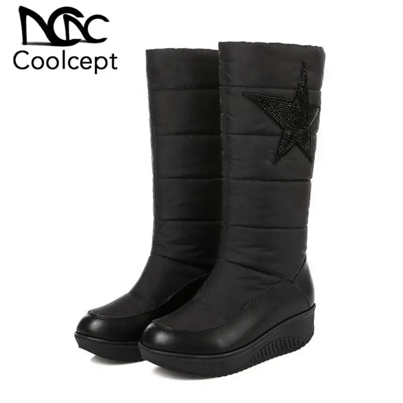 

Coolcept Size 35-44 Women Flats Down Boots 2020 New Winter Plush Fur Cotton Shoes Women Fashion Crystal Star Mid Calf Boots