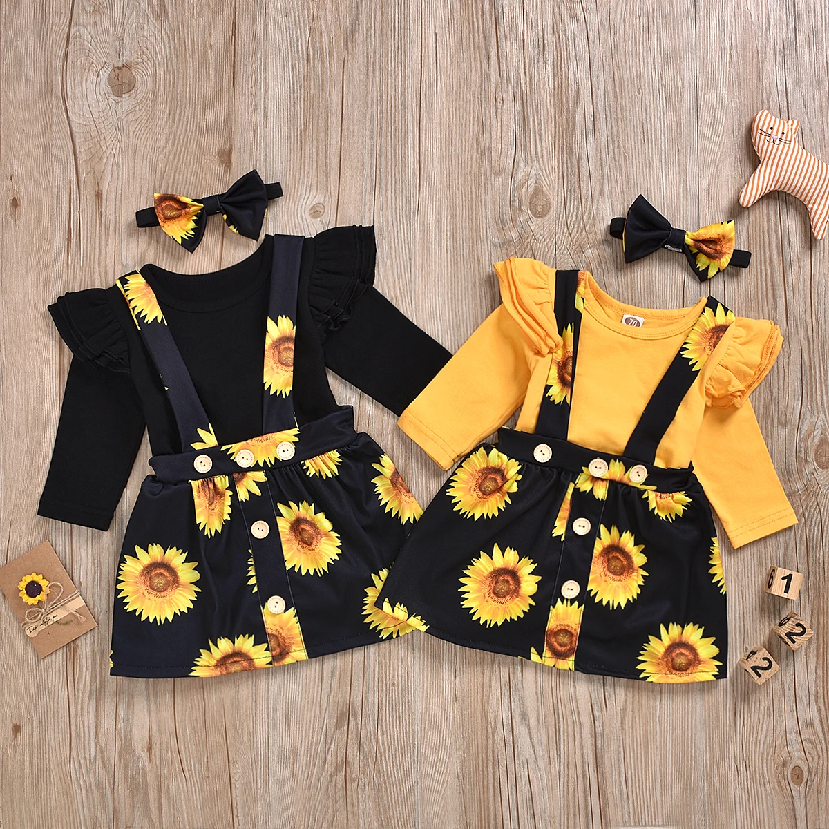 Комплект осенней одежды из 2 предметов для новорожденных девочек желтый, черный хлопковый Вязаный комбинезон, топы, платье на бретелях с подсолнухами