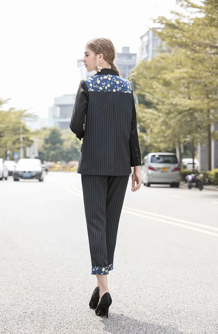 Svoryxiu модный дизайнерский осенне-зимний деловой костюм, женский комплект с длинным рукавом, в полоску, с цветочным принтом, куртки+ штаны, комплект из двух предметов