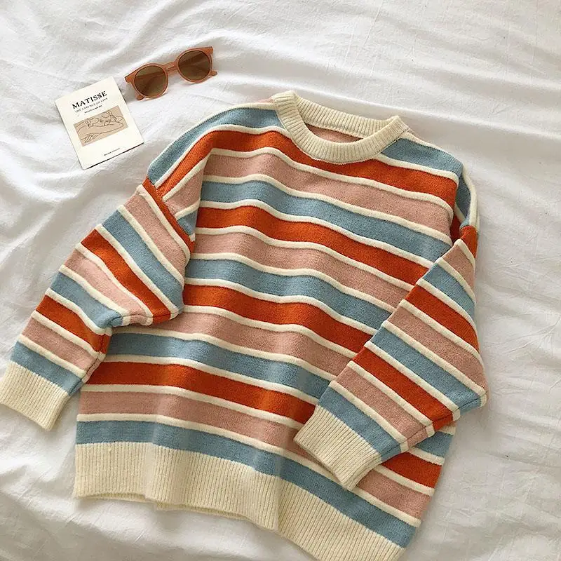 Streetwear winter fashion casual y2k tops kpop clothes Ulzzang Vintage knit loose oversize pullover sweet stripe women sweater black cardigan