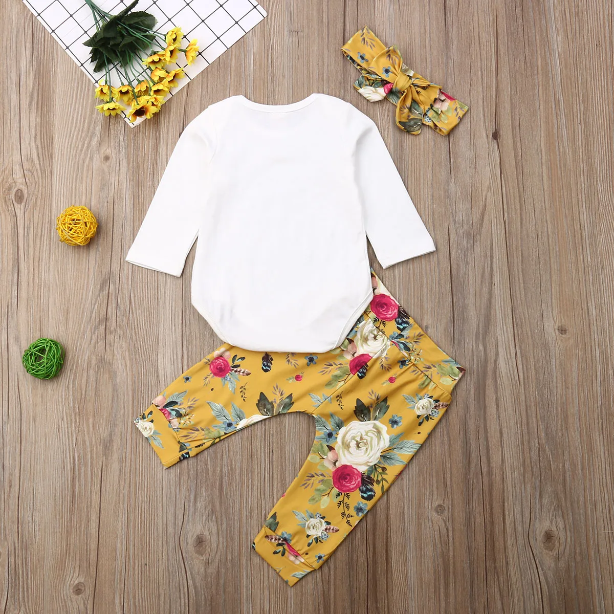 Baby Girl Clothes Set Newborn Toddler Autumn Long Sleeve Floral Top Letter Bodysuit Floral Pants Headband Outfit 3PCs