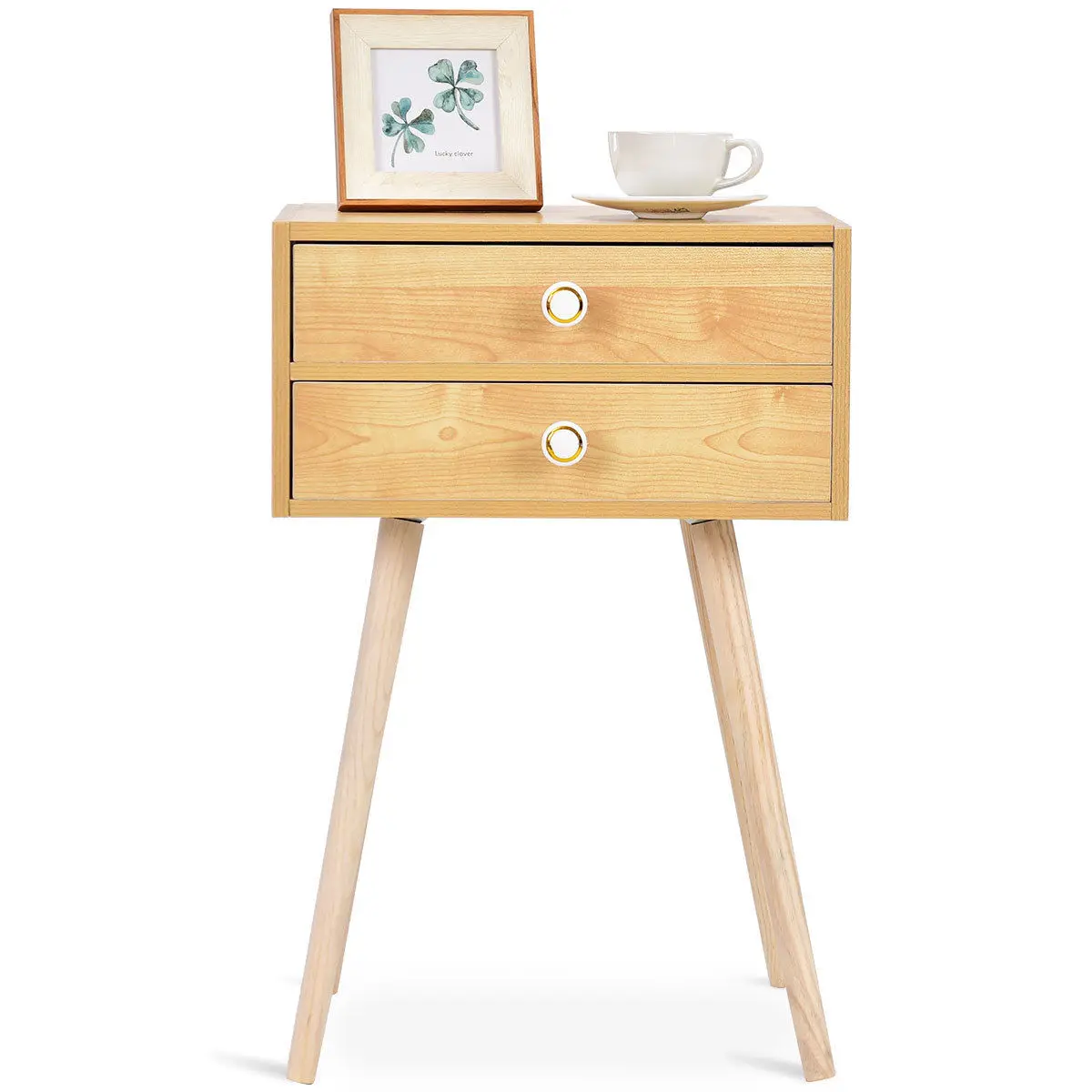 Costway Mid Century Modern 2 Drawers Nightstand In Natural Sofa