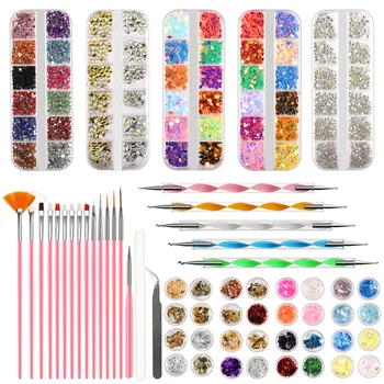

59 Pcs Nail Art Tool Set Nail Jewelry Tin Foil Paper Brush Point Drill Pen Tweezers Tool Set Novice Nail Art Practice Tool