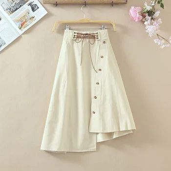 

2020 Summer Korean Irregular Elegant Cotton Skirt Knee Length High Waist Bandage Skirt Plus Size Faldas Mujer Moda