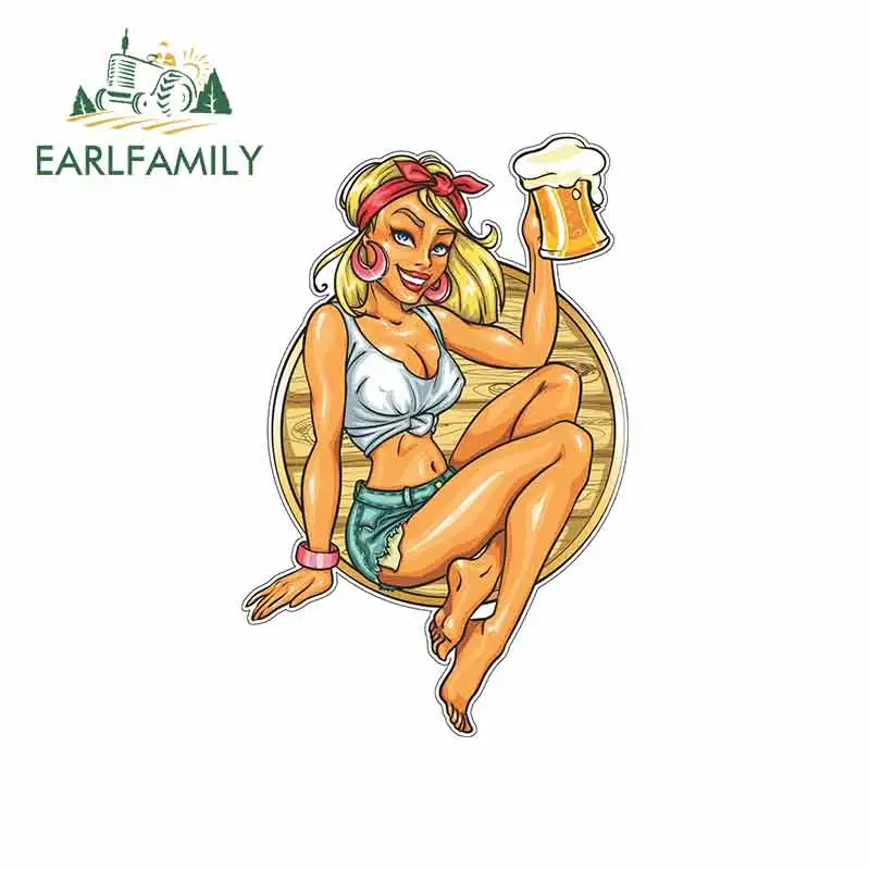 

EARLFAMILY 13cm x 8.3cm for Girl with Beer Pin Up Cartoon Car Stickers Vinyl Helmet RV VAN 3D JDM Car Accessories Graphics