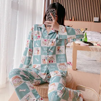 

2020 Summer Cotton Print Pajama Sets for Women Long Sleeve Sleepwear Pyjama Long Pants Loungewear Homewear Pijama Mujer Clothes