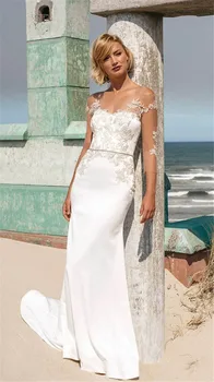 

Quarter Sleeves Mermaid Wedding Dresses With Lace Appliques V-Shape Back Bridal Gowns Simple Spring Fashion Women Wedding Dress