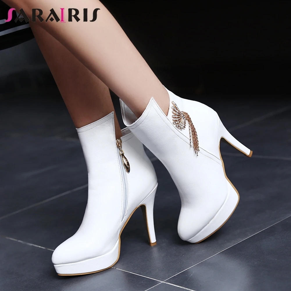 

SARAIRIS Office Lady 2020 Thin Heels Crystal Decoration Boots Elegant Ankle Boots Women Platform Increasing Shoes Woman