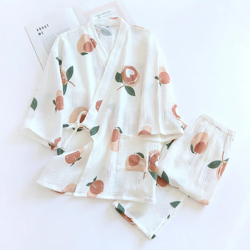 

Japanese kimono 100% Crepe Cotton Women Pajamas Sets Pyjama Cute Love Fruit Cartoon Top+Pants 2Pcs Pijama Sleepwear Lounge Wear