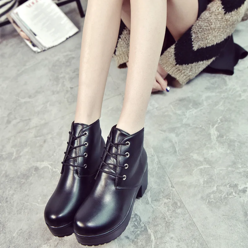 

New Style Spring And Autumn Waterproof Platform Ankle Boots Short Boots Chunky Heel Martin Platform Europe And America Lace-up T