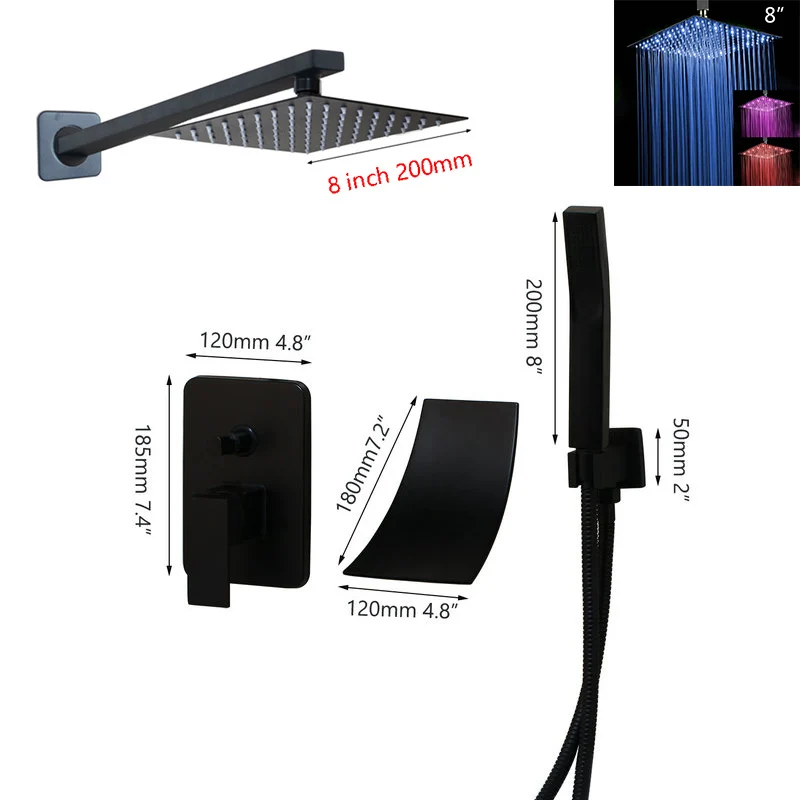 JIENI 8 12 16 дюймов матовый черный душ дождевая Ванна душевой кран светодиодный для ванной дождевая квадратная душевая головка водопад душевой кран Набор - Цвет: LED 8 Inch Shower
