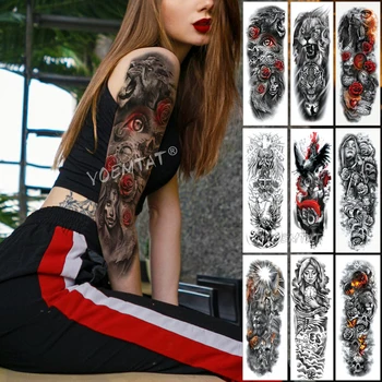 

Large Arm Sleeve Tattoo Catrina Red Eye Rose Waterproof Temporary Tattoo Sticker Clock Map Men Full Skull Tatoo Body Art Women