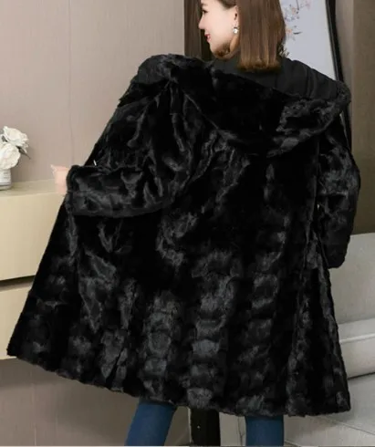Женские шубы из натурального меха норки с капюшоном, зимняя верхняя одежда из натурального меха, длинные пальто размера плюс - Цвет: black