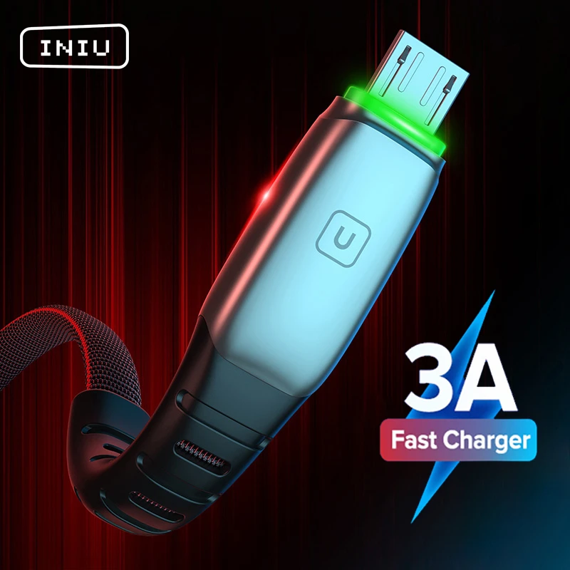 INIU 3.1A Micro USB Cable LED Fast Charge Type C Phone Charger Data Cord For Samsung S20 Huawei P40 Xiaomi Mi 11 10 Redmi Tablet