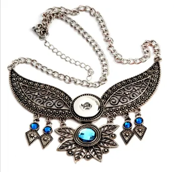

Ethnic Hyperbole Big Leaf Necklace 18mm Snap Button With Blue Stones Choker for Women Jewelry 6pcs /lot Wholesale