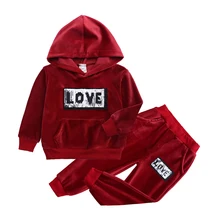 

Fall Children’s T-shirt Trousers Set Kids Baby Girl Boy Fashion Sequin Letter Long Sleeve Hooded Tops and Long Pants sportswear