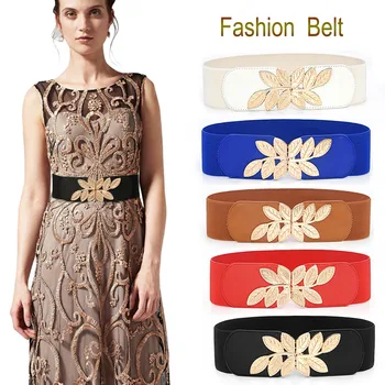 

Women Belt Wide Waistband Elastic Decorative Belt Solid Leaf Pattern Alloy Buckle Belt Casual pasek damski ceinture femme #H