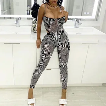 

Fashion Casual Pattern Print Spaghetti Strap Bodysuit And Leggings Two Piece Set Women Sexy Mesh See Through Slim Outfit