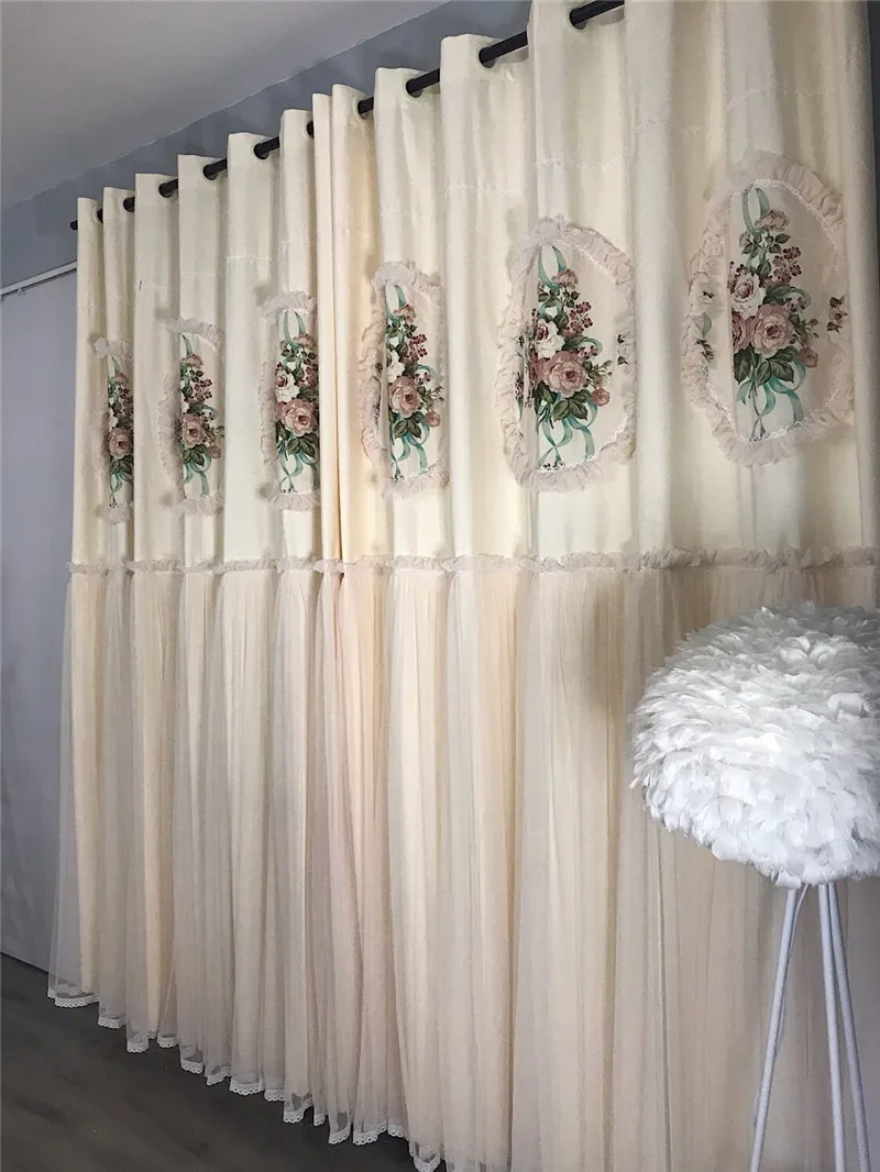 Korean Luxury Rose Printing 70% Blackout Curtains European Tulle Lace Stitching Beige Curtains For Living Room Bedroom Custom4 soundproof curtains