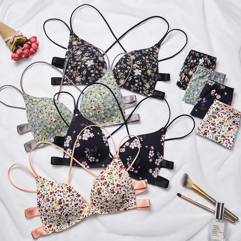 

Women Floral Print Bras Set Lingerie Sexy Push Up Underwear Beauty Wireless Vest Lady Front Buckle Seamless Leopard Bralette