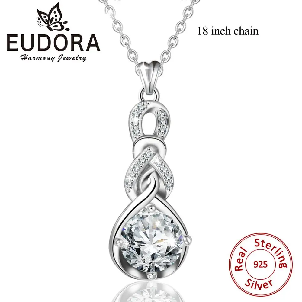 with 18 inch chain EUDORA, 925 пробы, серебряное ожерелье в форме капли воды, блестящий CZ кулон с коробкой, хорошее ювелирное изделие для женщин, подарок на свадьбу, день рождения, вечеринку D84 - Окраска металла: with 18 inch chain