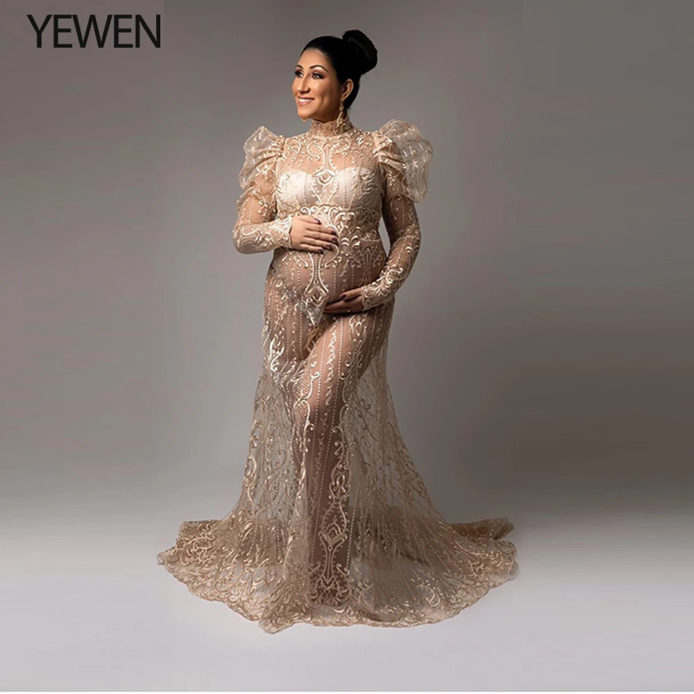 Yewen Puff Long Sleeves Lace Maternity Dress for Pregnant Woman High Neck Maternity Gowns for Photo