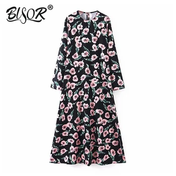 

Women style floral print black midi dress long sleeve O neck female casual stylish A line dresses vestidos