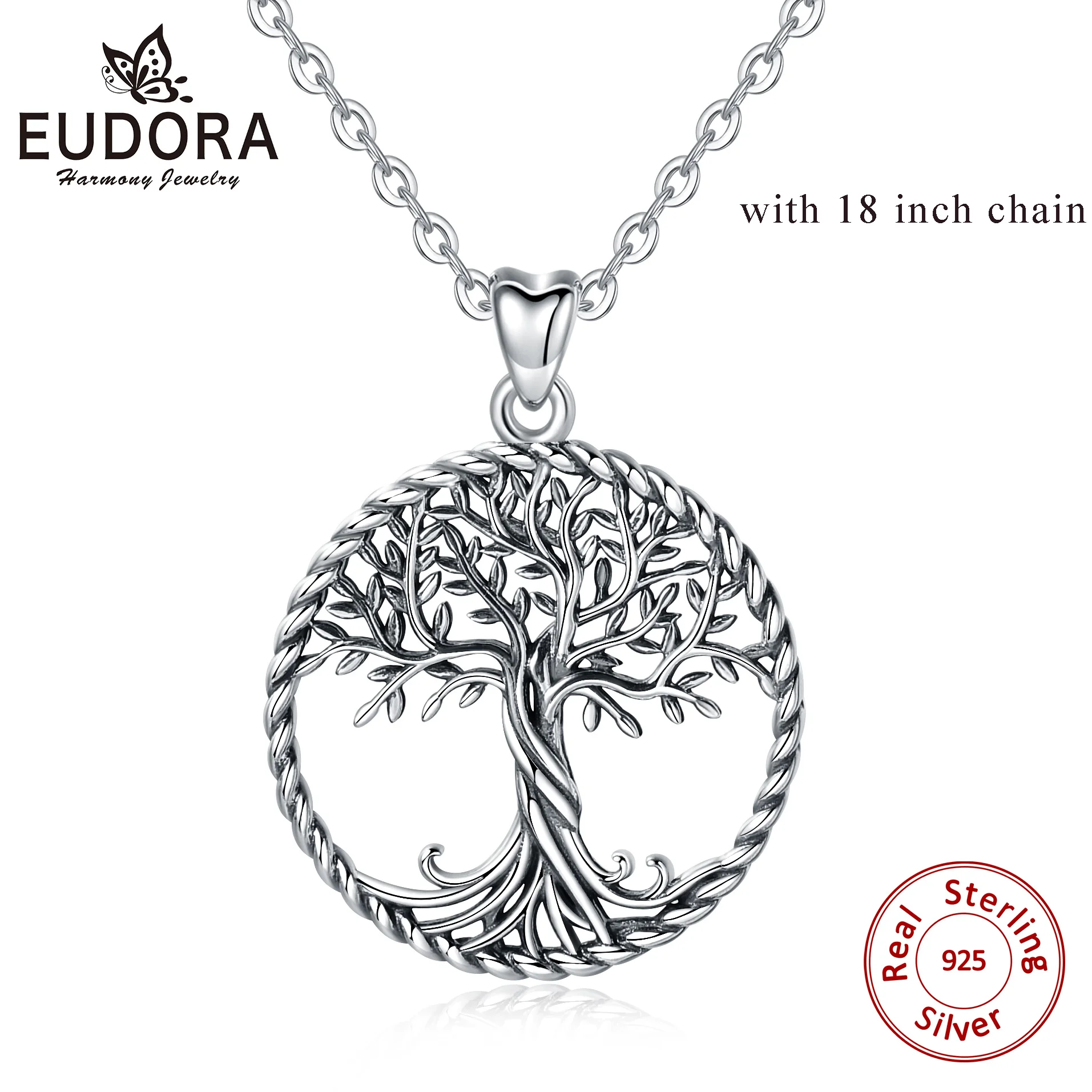 with 18 inch chain Eudora 925 пробы Серебряное Древо жизни ожерелье окисленное серебро скрученный дубовое Дерево Шарм с серебряной цепочкой или только кулон CYD487 - Окраска металла: with 18 inch chain