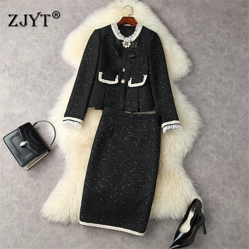 Fashion Runway Womens Office Tweed Dress Suit Autumn Winter Designers Bowknot Woolen Jacket Coat and Skirt Set Two Piece Outfit