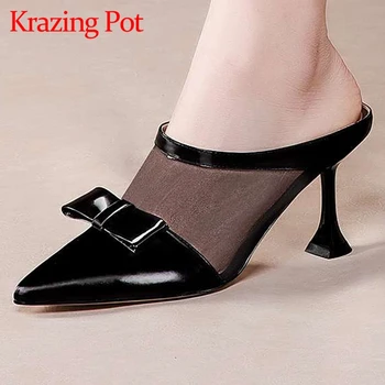 

Krazing Pot cow leather air mesh pointed toe high heels butterfly-knot French romantic beauty lady dating modern women pumps L74