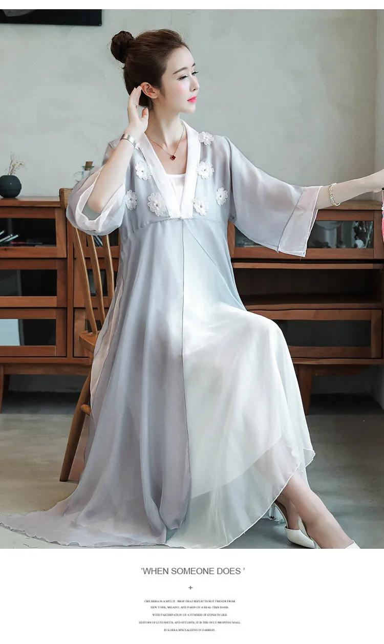 Китайский стиль ретро Hanfu женское винтажное платье элегантное женское свободное платье с цветочной аппликацией шифоновое платье большого размера