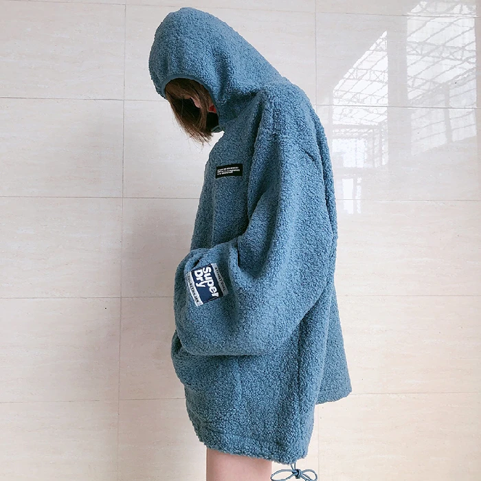 Womens Hoodies Korean Lamb Fleece Autumn Sweatshirt Gothic Lined Warm Lady Streetwear Loose Oversize Sports Coat for Women Warm