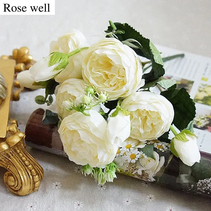 

ROSEWELL New Silk Peonies Artificial Flower Bouquet 5 Big Head and 4 Bud Flower Wedding Christmas Decoration for Home Party