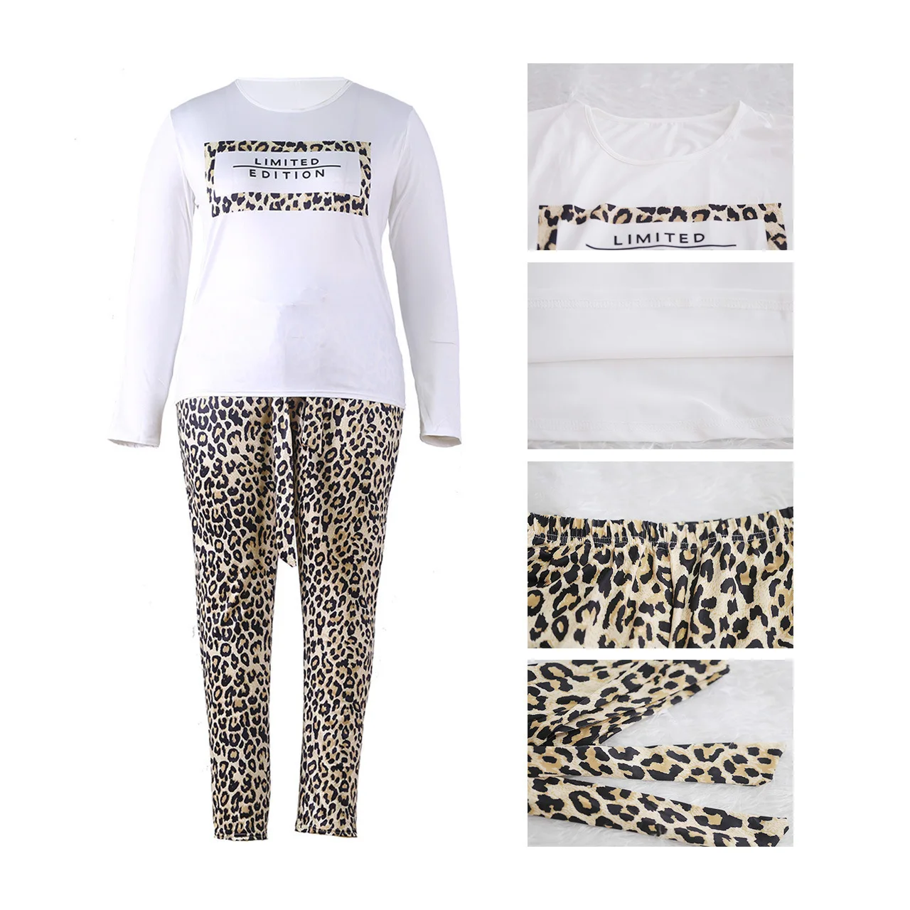 Комплект из двух предметов с леопардовым принтом размера плюс Xl~ 4xl, Женский Осенний Топ с длинным рукавом и облегающие штаны, комплекты большого размера, повседневный спортивный костюм