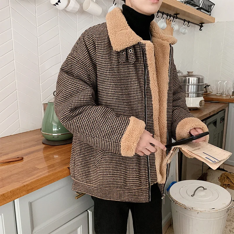 

Winter Thicken Plaid Jacket Men Warm Parka Men Fashion Retro Casual Lamb Fur Coat Mens Wild Loose Cotton Jackets Male Clothes