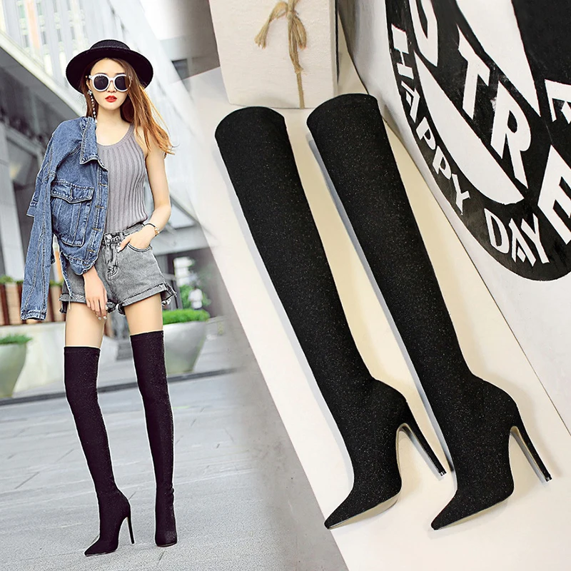 

BIGTREE winter boot women shoes thigh high heel over the knee boots fashion sexy bling botas altas mujer stretch fabric schoenen